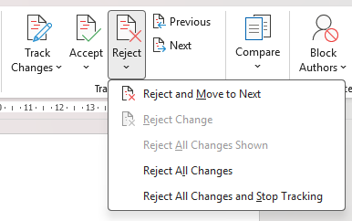 Example track changes reject options in Word